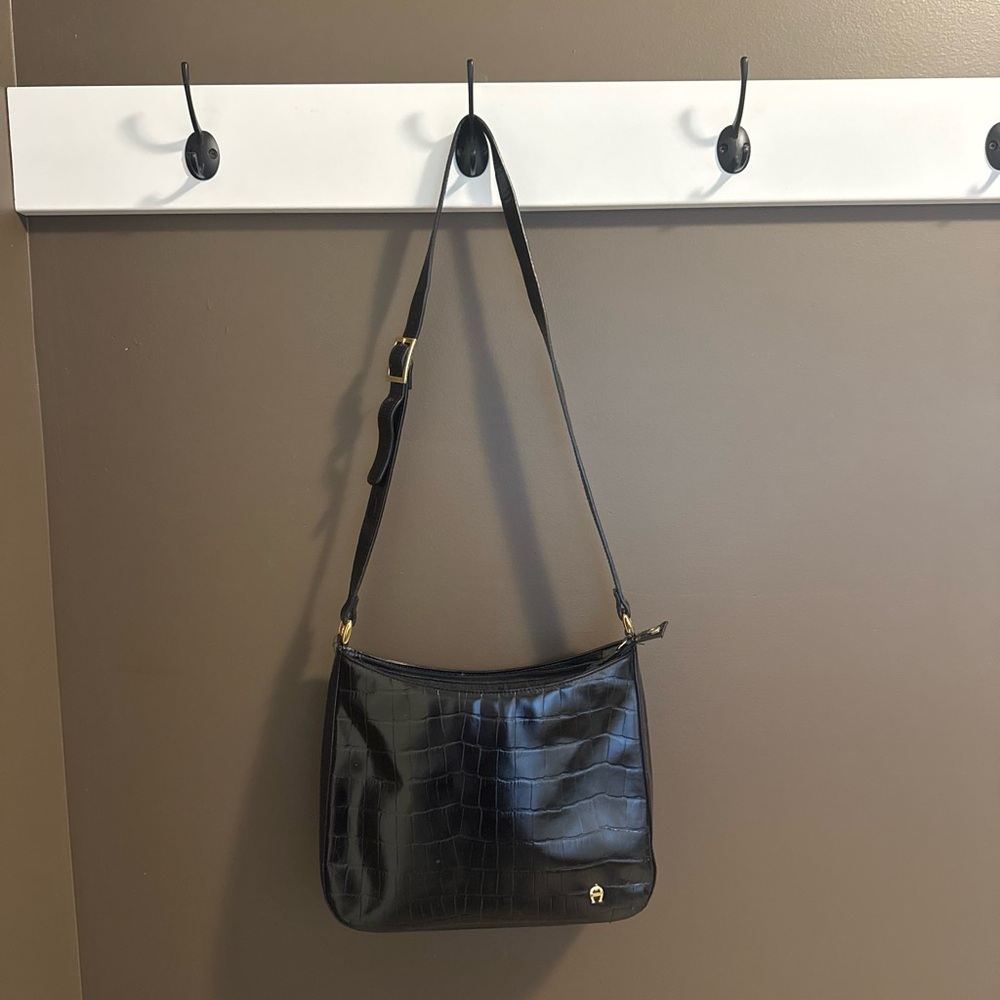 Etienne Aigner Black Croc-Embossed Shoulder Bag with Gold Accents